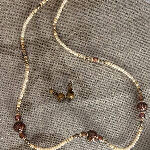 Elegant Cream and Brown Beaded Necklace and Earring Set